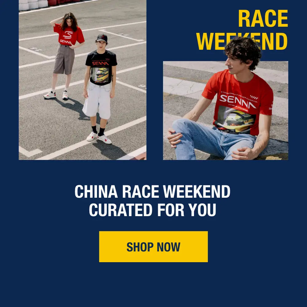 Promotional graphic for 'China Race Weekend' with people wearing branded t-shirts and a call to action to shop now.