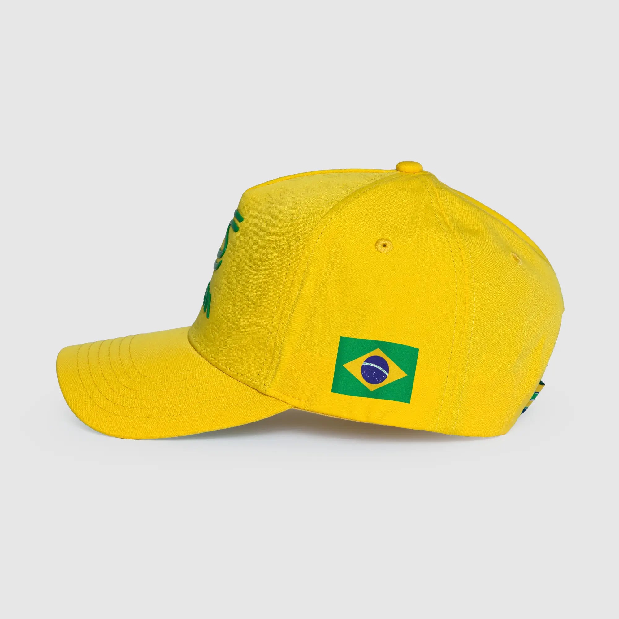Yellow Ayrton Senna Cap with Brazil Flag Plastisol graphic.