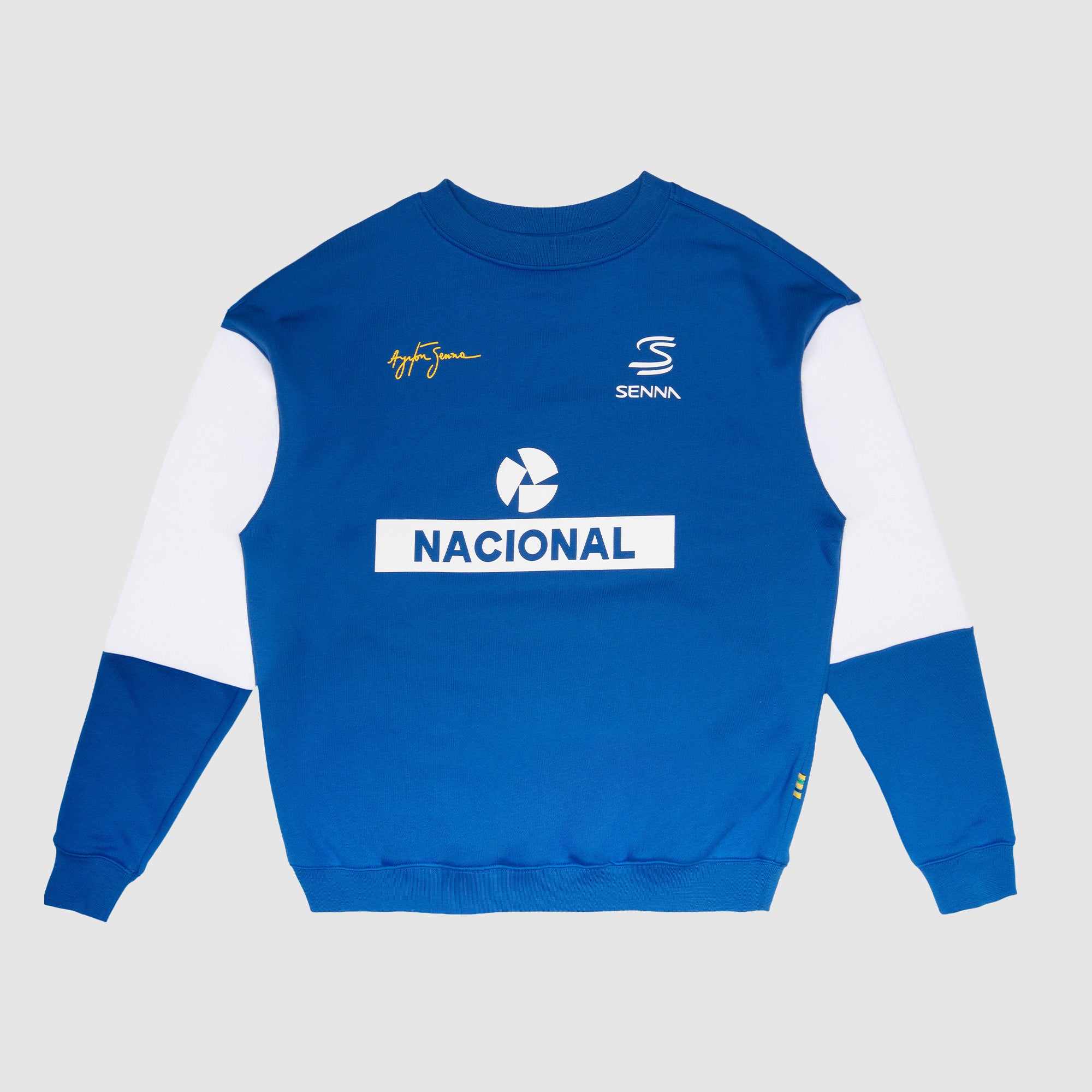 Blue and white aryton senna nacional sweatshirt with logos on a light gray background