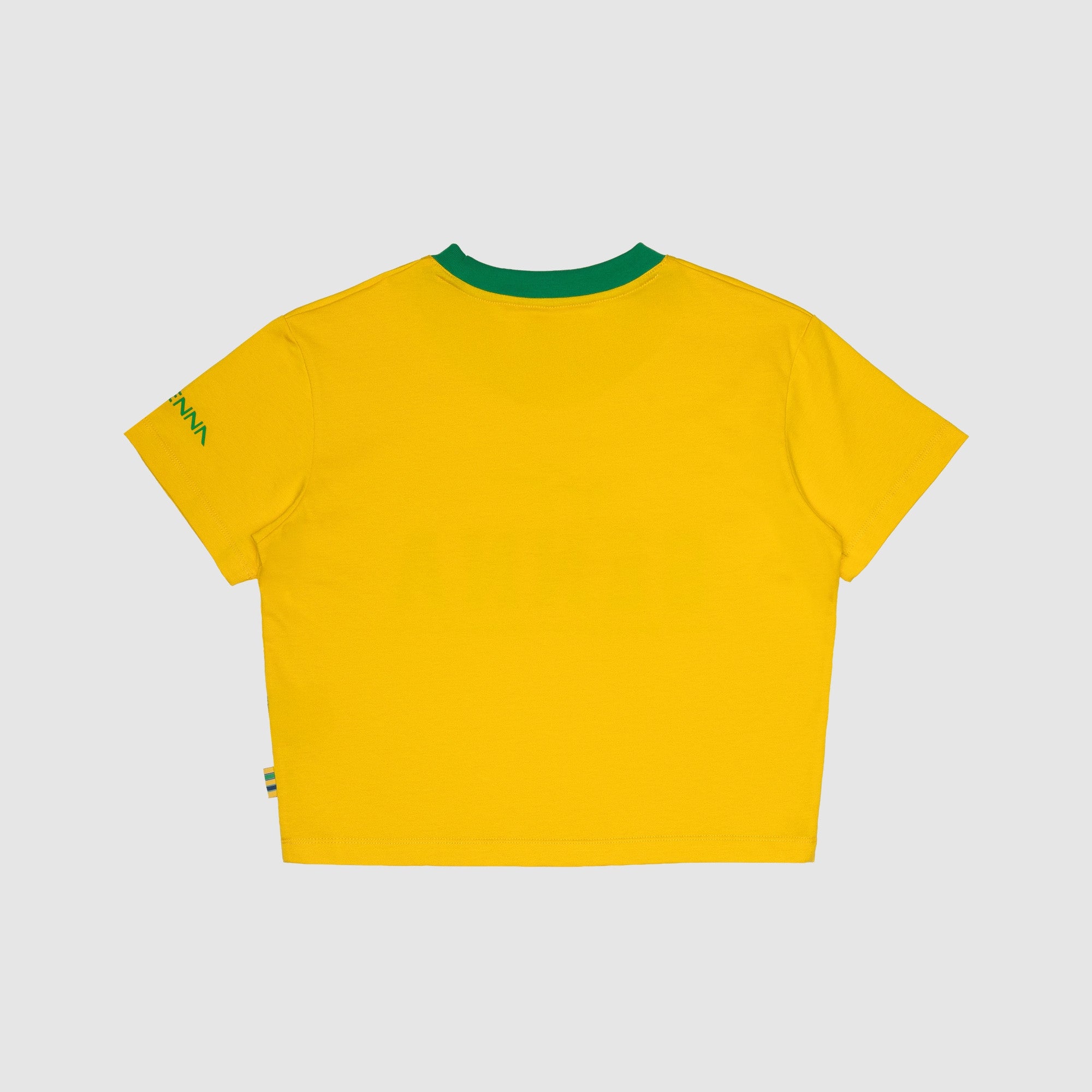 Yellow t-shirt with green accents on a light gray background