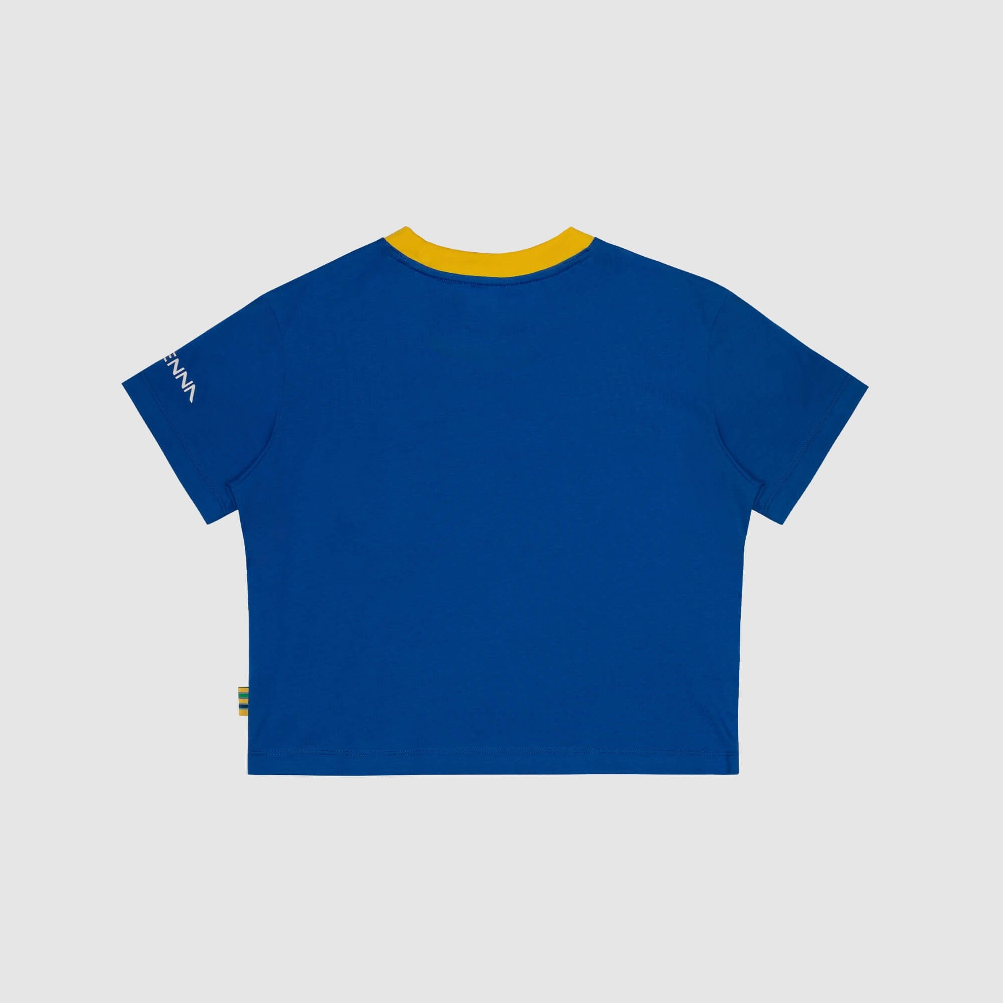 Blue Senna crop t-shirt with yellow accents on a light gray background