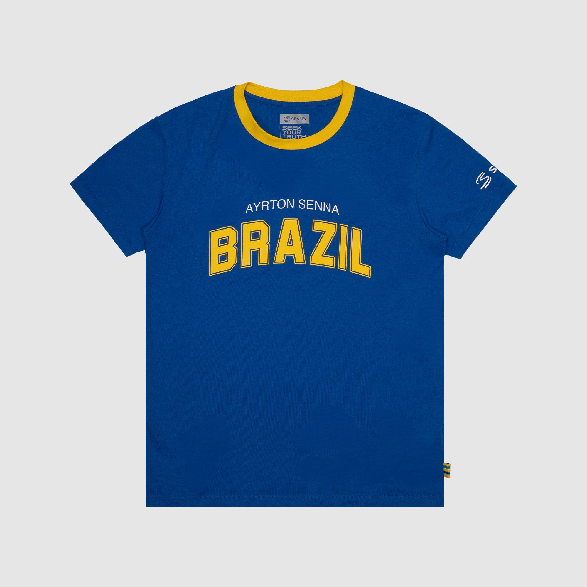 Blue t-shirt with 'Ayrton Senna Brazil' text on a gray background