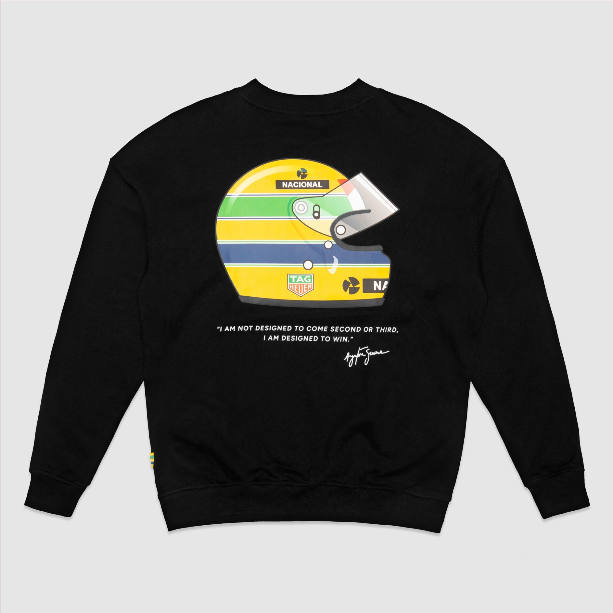 Black sweatshirt with a colorful helmet nacional senna graphic and text on a light gray background