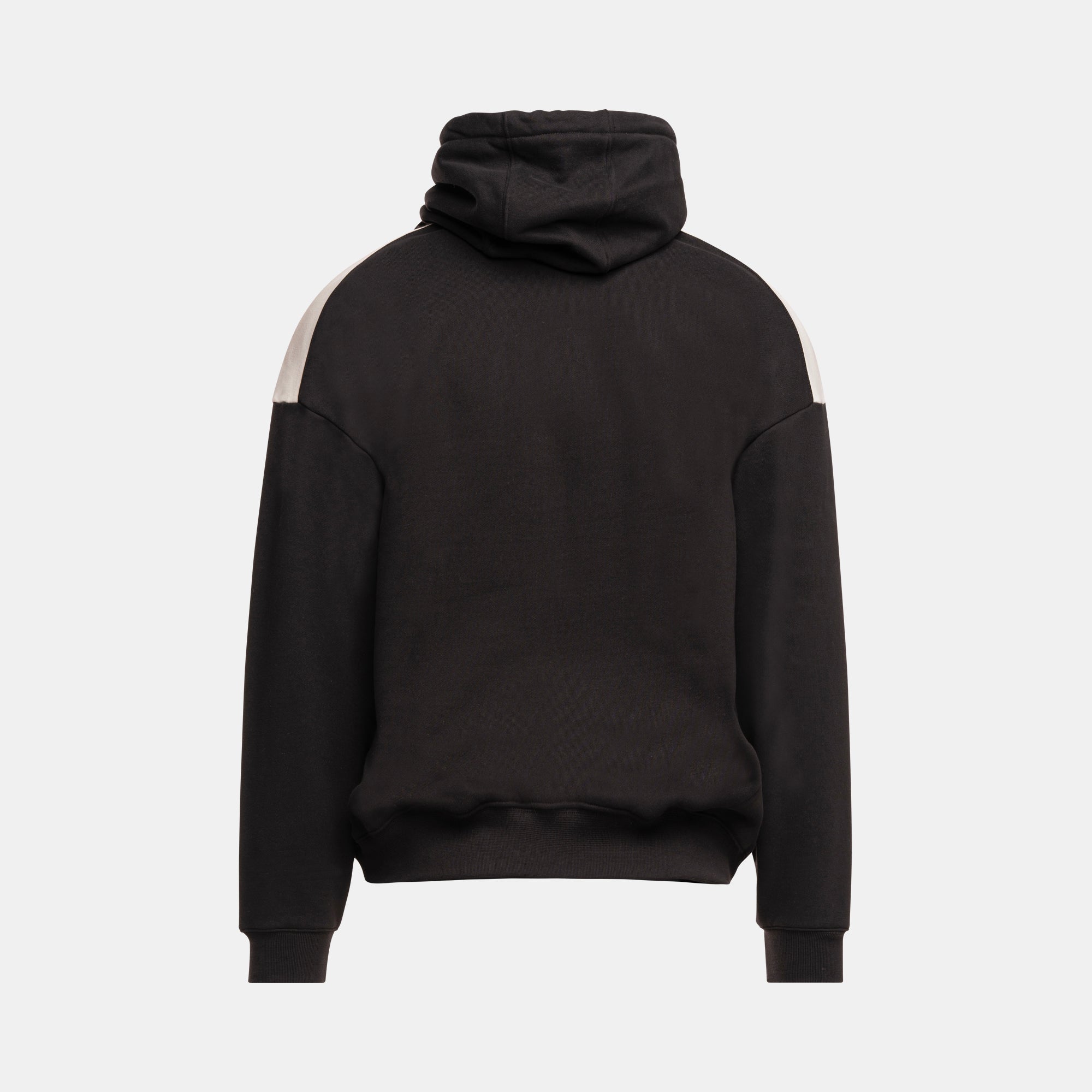 A black pullover hoodie with contrasting light beige shoulder panels, shown from the back on a light gray background.