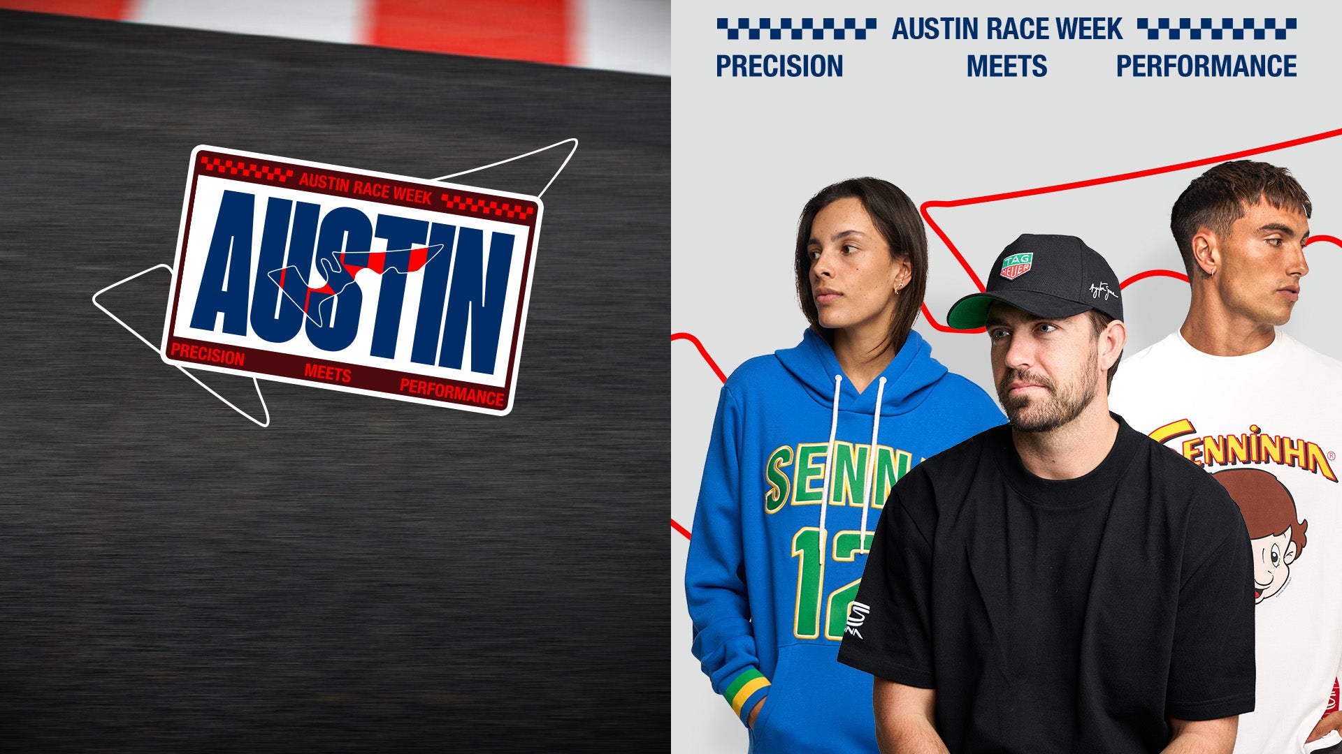 Two images: one with a 'Austin' logo and the other with people wearing branded clothing.