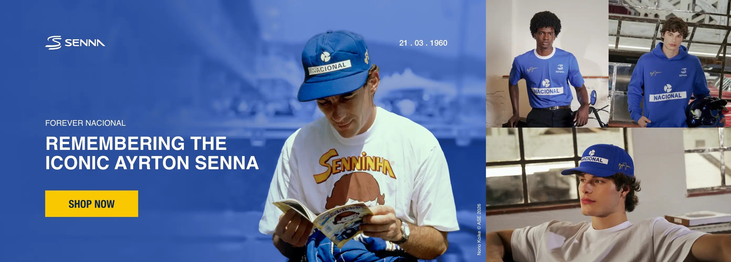 Promotional banner for Ayrton Senna featuring a Aryton Senna reading a Senninha book, with a blue background and Senna logo at the iconic Suzuka track.