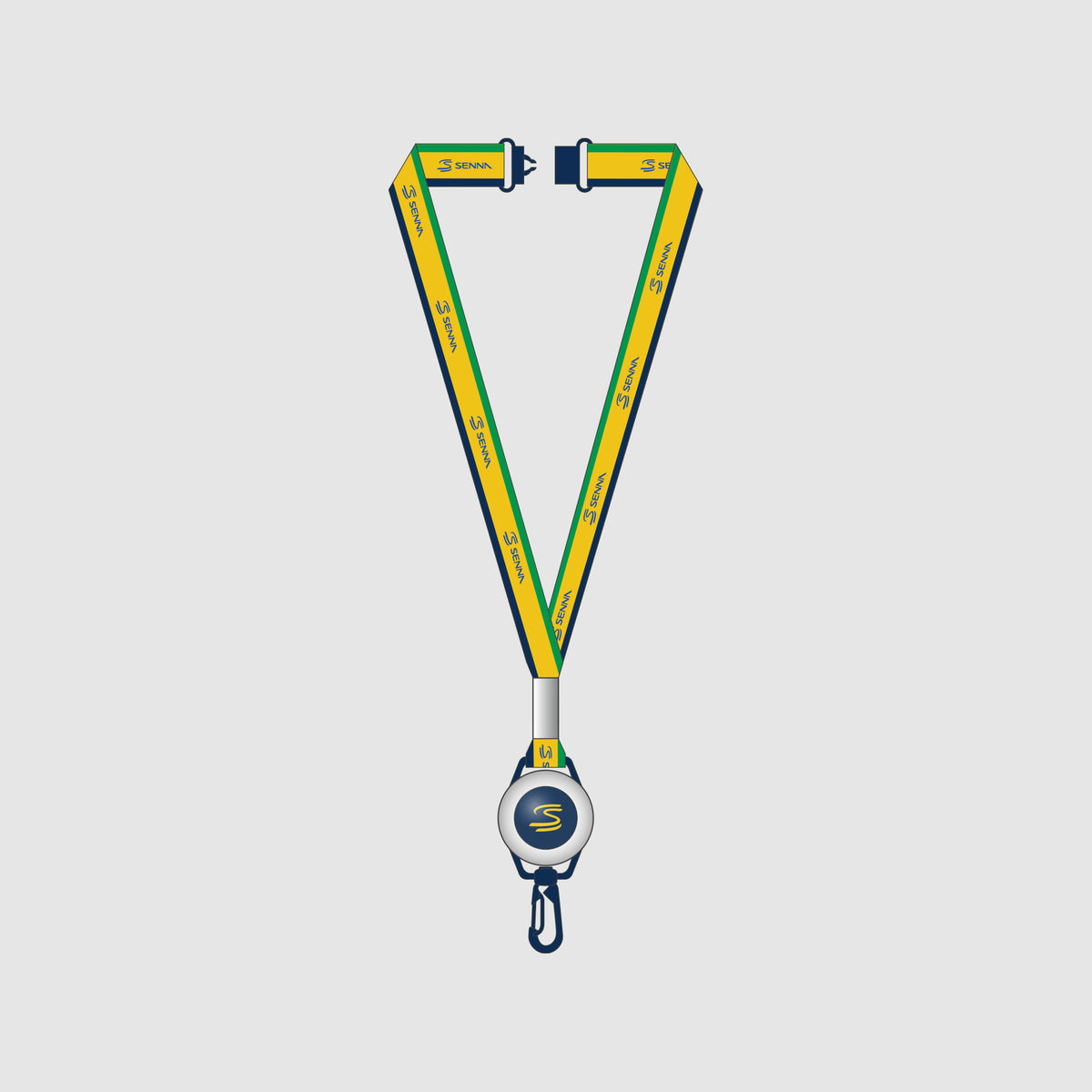Lanyard with Senna badge reel on a light gray background